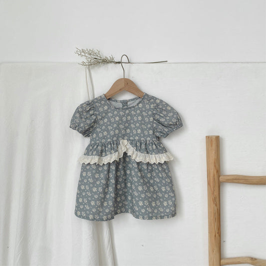 Summer Arrival Northern Europe Floral Pattern Short Sleeves Dress for Stylish Girls