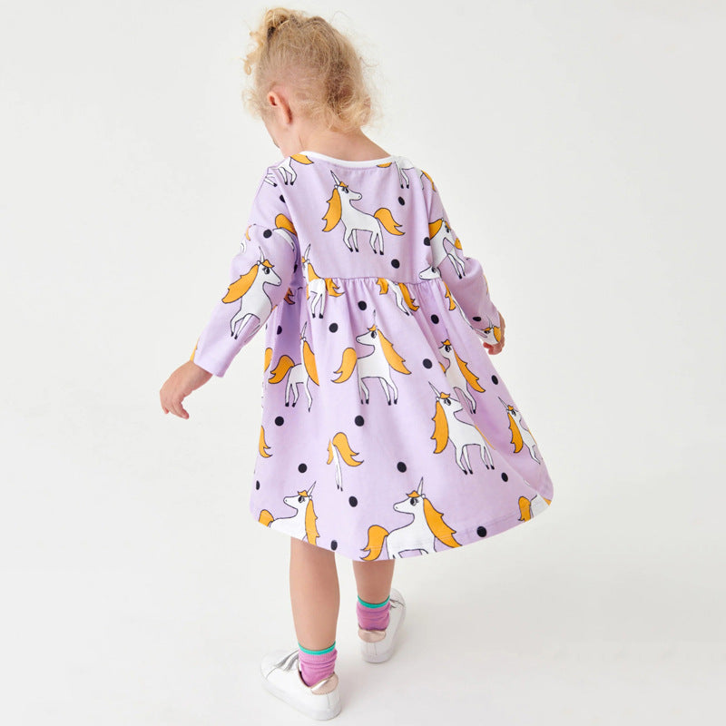 Baby Girl Unicorn Pattern Long Sleeves Style Dress In Autumn Wearing Outfits