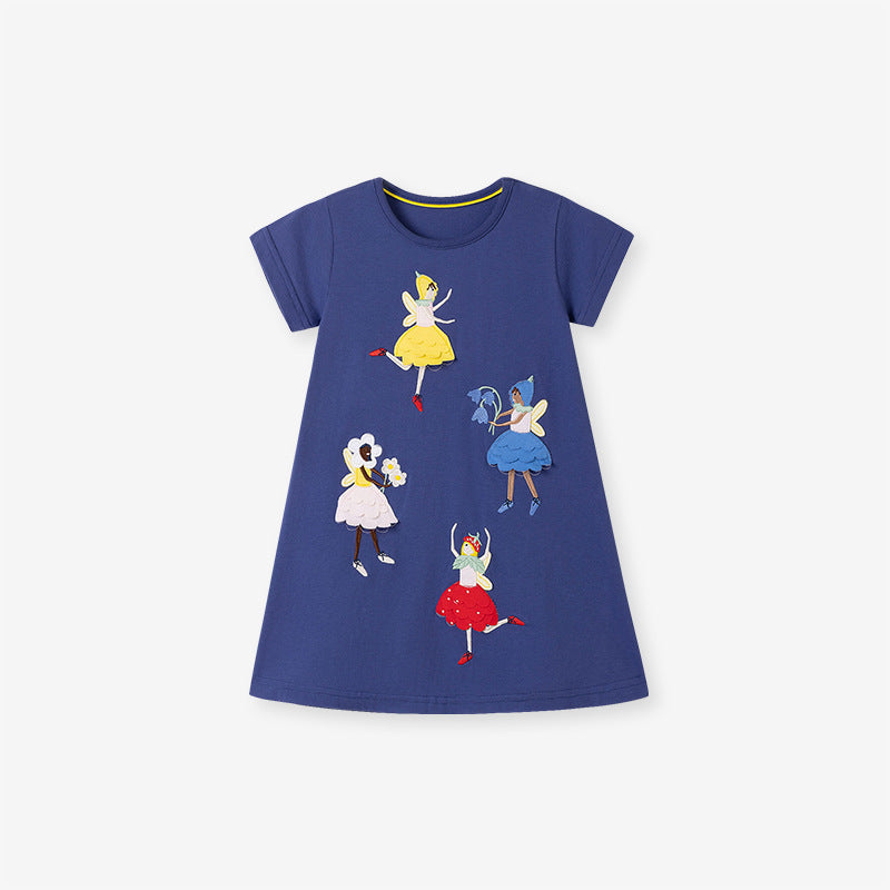 Summer Pure Cotton Dancers Cartoon Pattern Short Sleeves Dress for Stylish Girls
