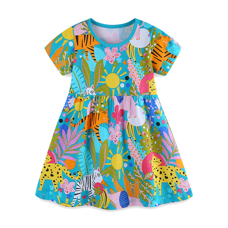 Summer Pure Cotton Cartoon Jungle Animals Pattern Short Sleeves Dress for Stylish Girls