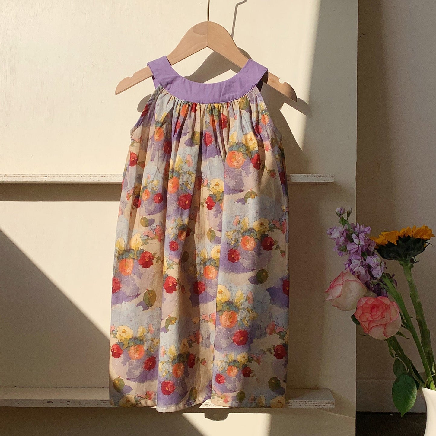 Summer Arrival Baby Kids Girls Cute Sleeveless Oil-Painting Flowers Pattern Printed Dress