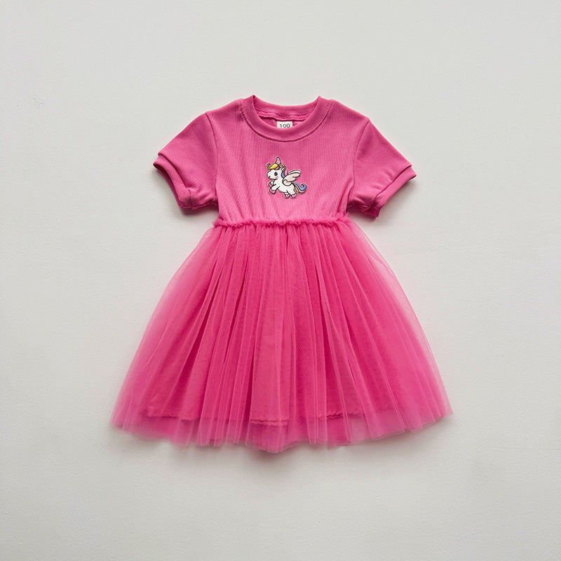 Summer Baby Kids Girls Short-Sleeved Cartoon Unicorn Pattern Mesh Patchwork Dress
