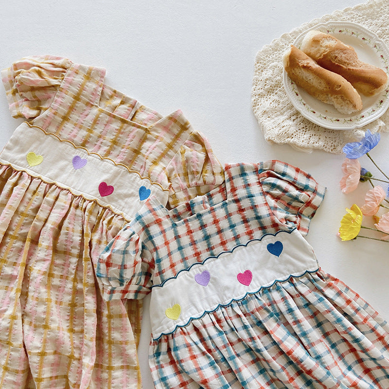 Summer Girls Short Sleeves Colorful Plaid Heart Embroidery Dress