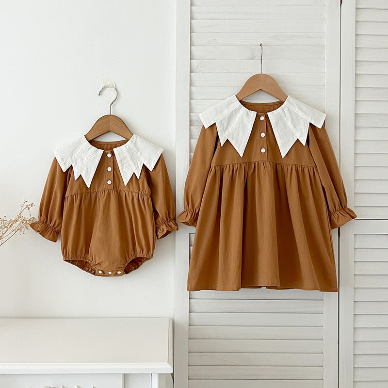 Design Autumn Color Patchwork Baby Kids Girls Bat-Wings Shaped Collar Onesies And Dress – Princess Sister Matching Set