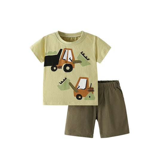 Summer Baby Kids Casual Excavator Cartoon Pattern T-shirt and Shorts Clothing Set for Boys