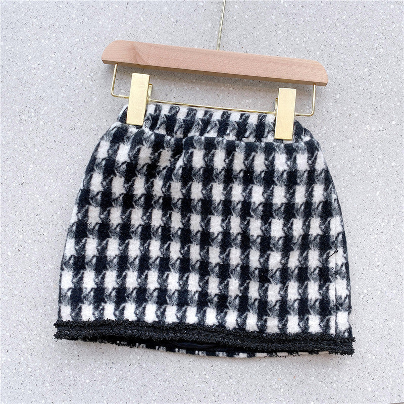 Girls Houndstooth Pattern Single Breasted Cardigan&Skirt Elegant Style Sets