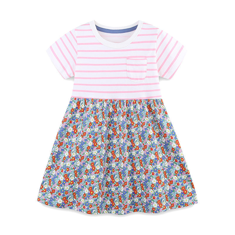 Summer Arrival Striped and Flowers Pattern Short Sleeves Color Patchwork Dress for Stylish Girls