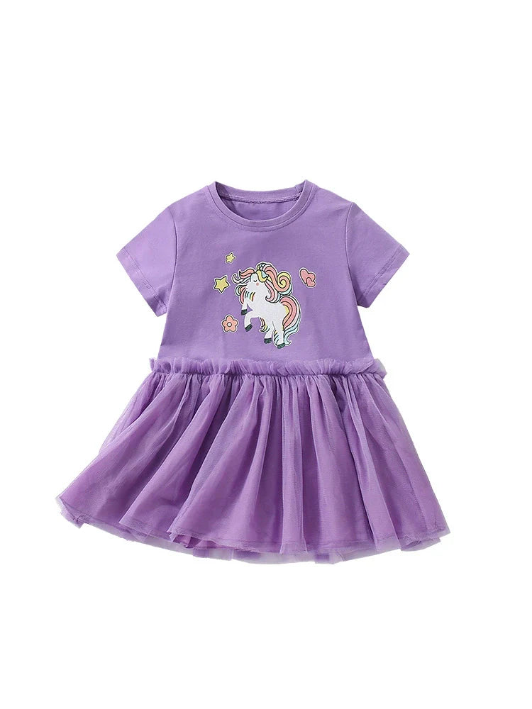 Summer Arrival Horse Cartoon Pattern Short Sleeves Tulle Design Cute Dress for Stylish Girls
