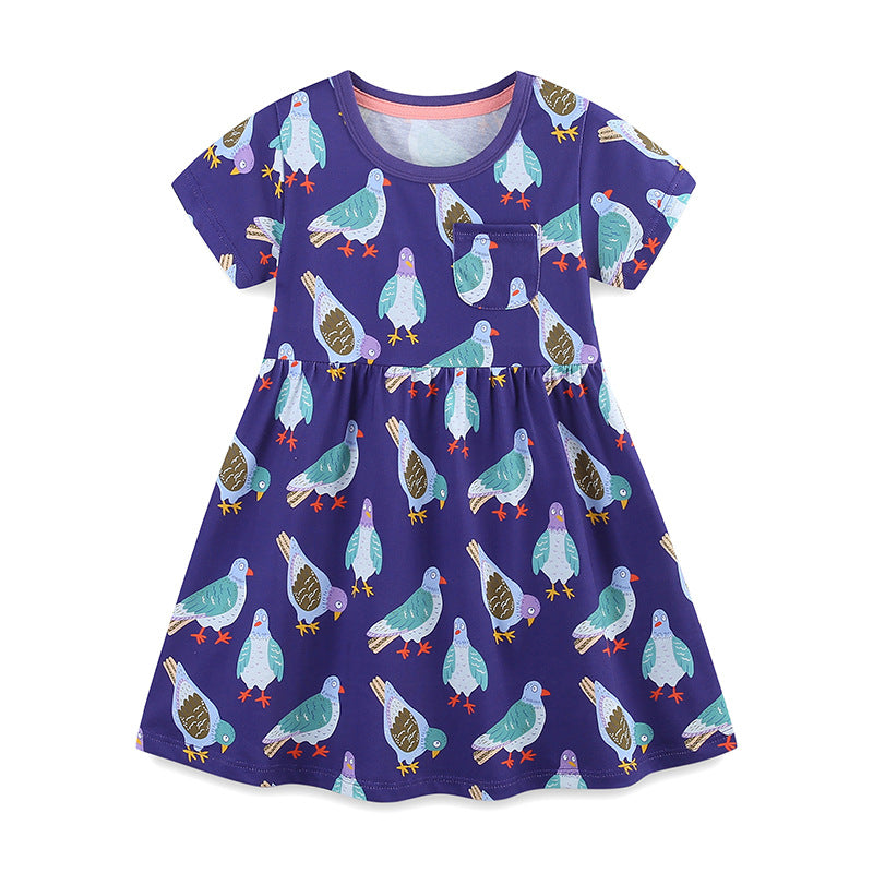 Summer Pure Cotton Animals Birds Pattern Short Sleeves Dress for Stylish Girls