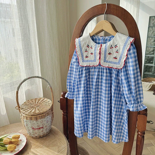 Arrival Autumn Girls Plaid and Cherry Pattern Long Sleeves Dress
