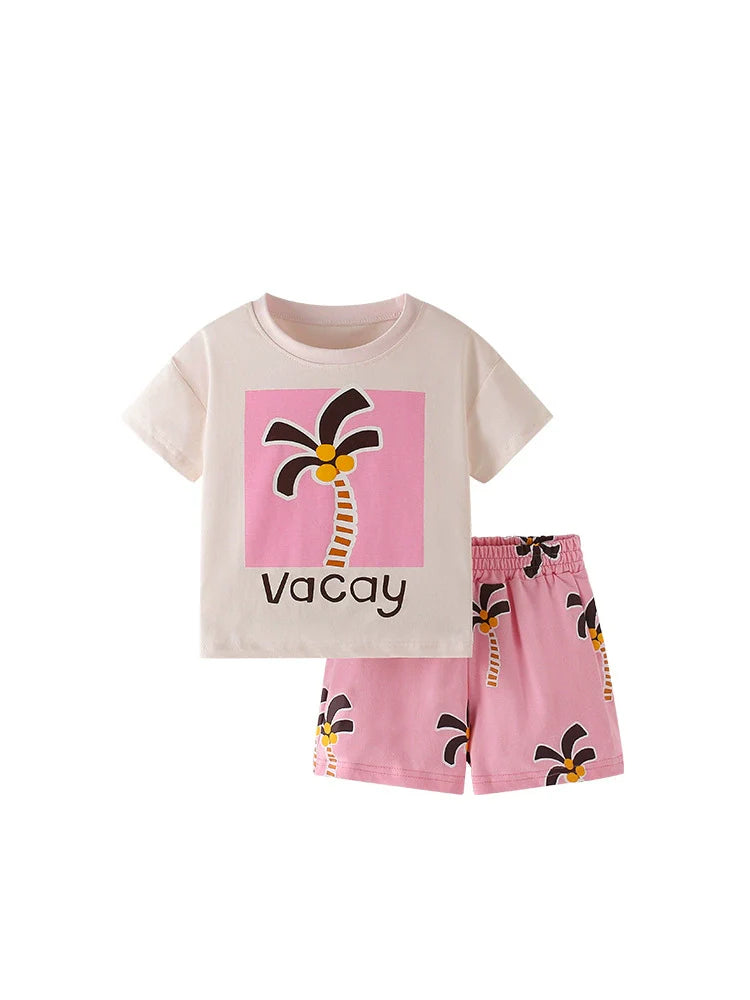 Summer Baby Kids Cartoon Coconut Palm Pattern T-shirt and Pink Shorts Clothing Set for Girls