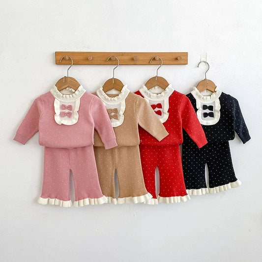 Arrival Autumn Baby Girls Long Sleeves Color Patchwork Dots Pattern Knitted Top Sweater and Long Trousers Clothing Set