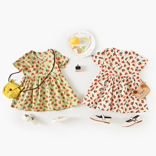 Summer Arrival Baby Girls Elegant Floral Pattern Short Sleeves V Neck Dress
