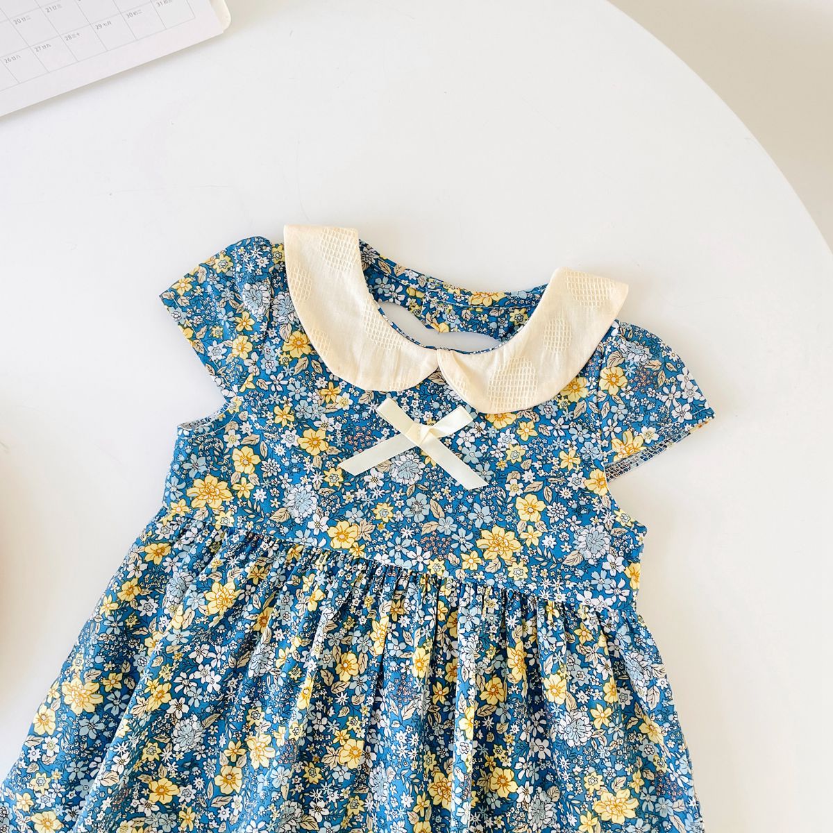 Baby Girls Floral Print Backless Design Doll-Neck Dress With Bow Decoration