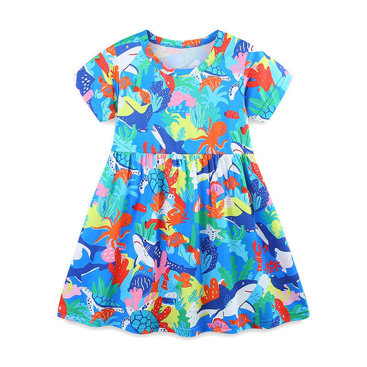 Summer Arrival Colorful Marine Pattern Short Sleeves Dress for Stylish Girls