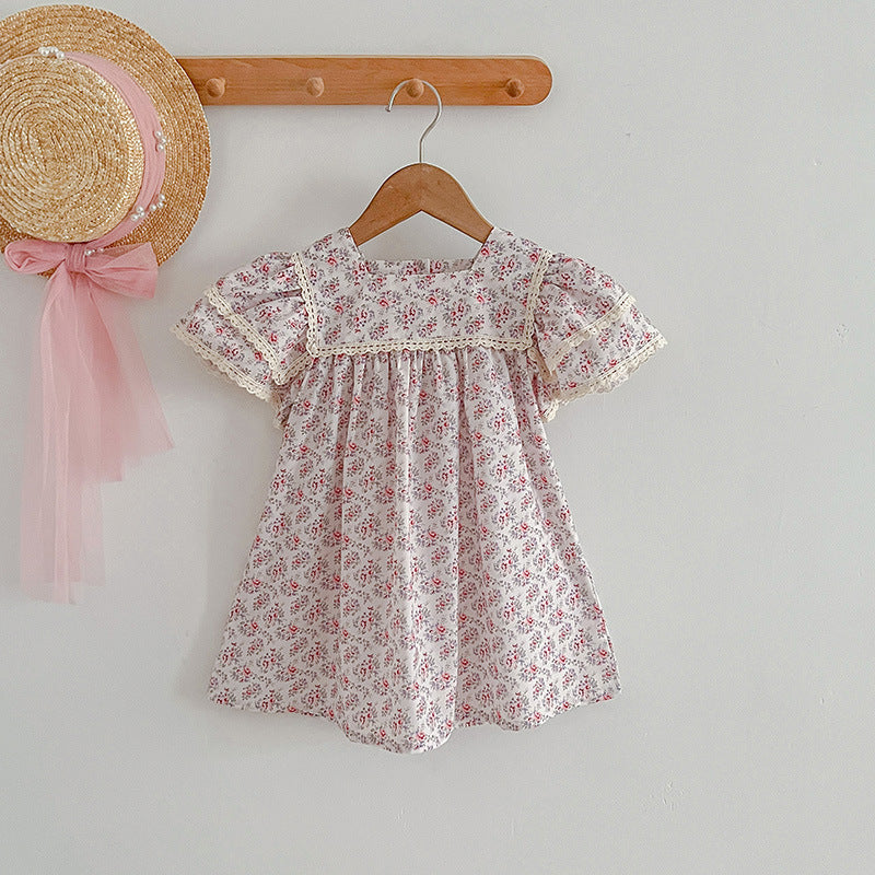 Summer Baby Girls Short Sleeves Square Neck Floral Pattern Dress And Onesie – Princess Sister Matching Set