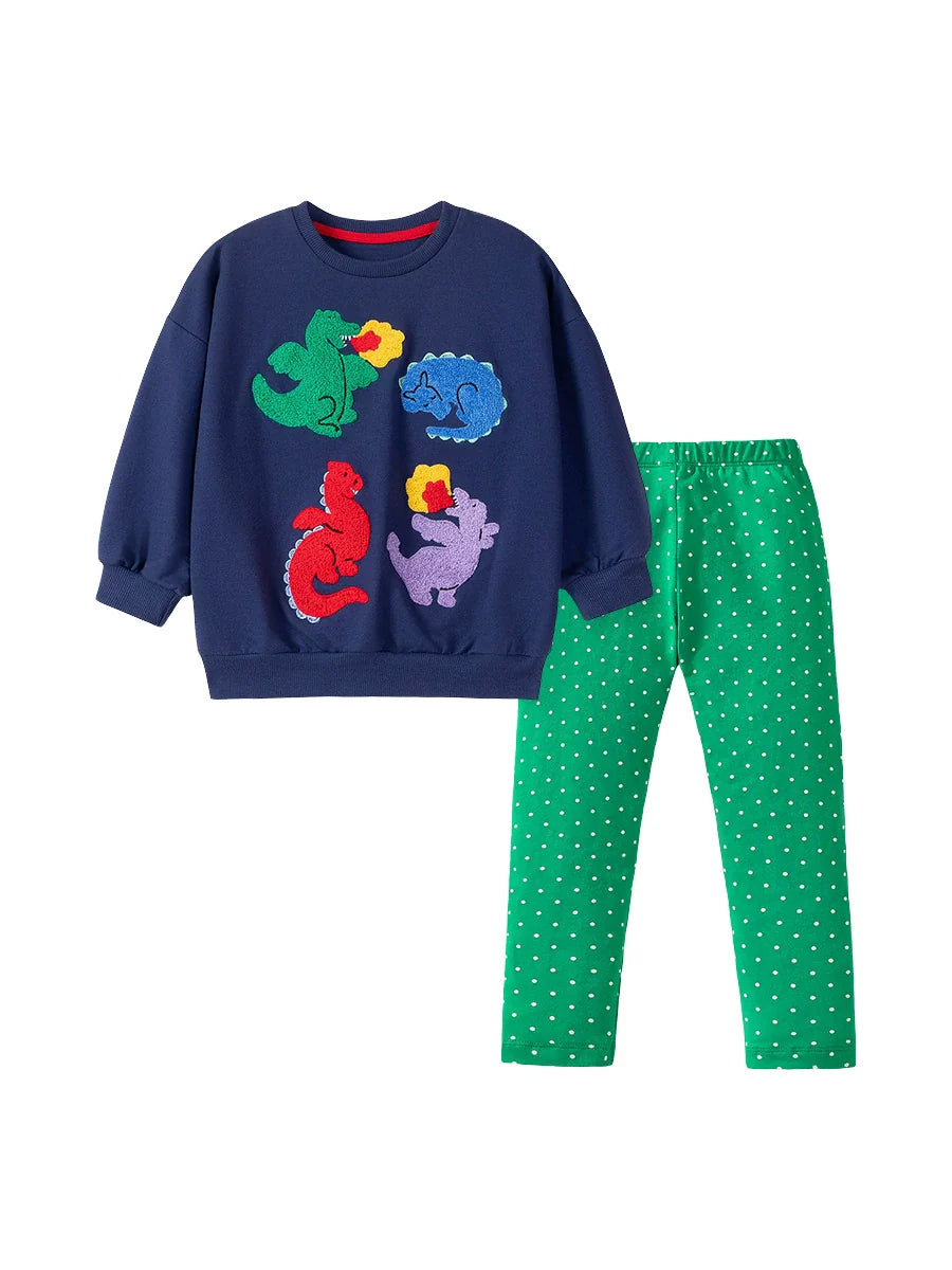 Spring and Autumn Girls Dragons Cartoon Pattern Long Sleeves Sweatshirt and Dots Pattern Pants Clothing Set