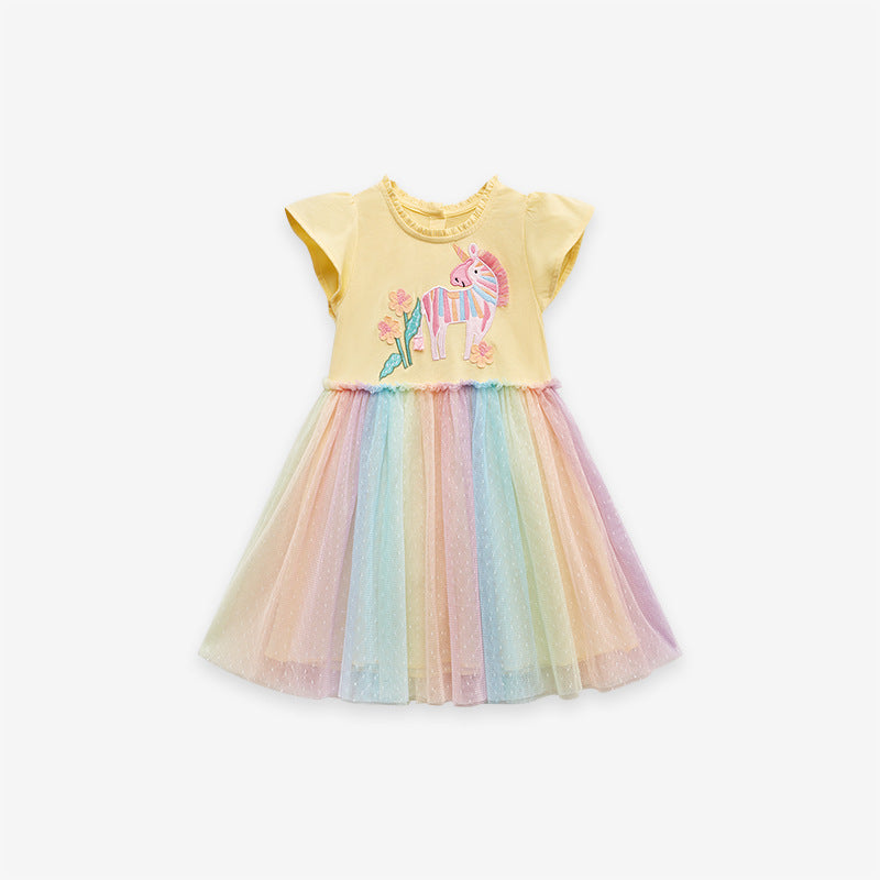 Arrival Summer Girls Unicorn Pattern Crew Neck Short Sleeves Tulle Patchwork Princess Dress