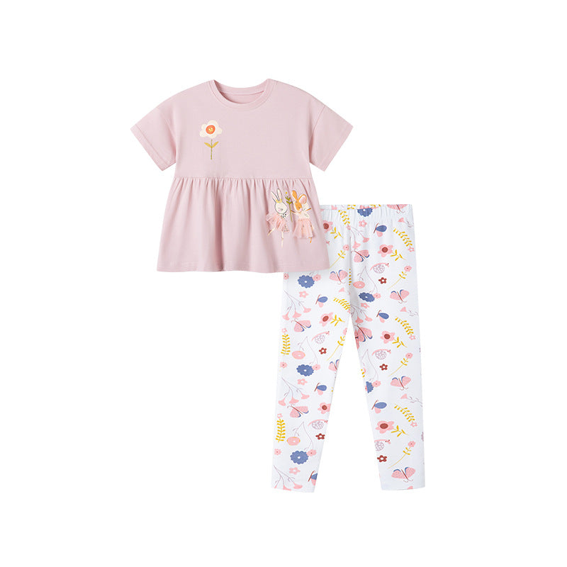 Summer Baby Kids Flowers Pattern Dress and Pants Clothing Set for Girls