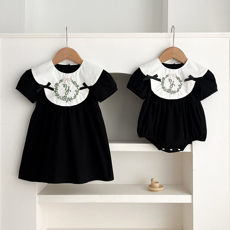 Summer Baby Girls French-style Wreath Embroidery Pattern Short-sleeved Onesies and Dress – Princess Sister Matching