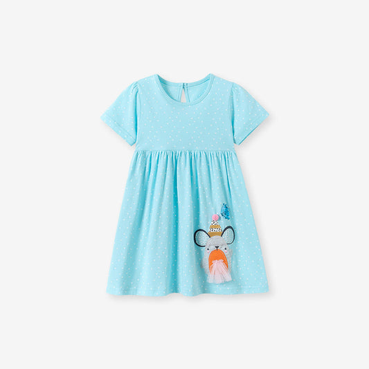 Summer Arrival Animals Cartoon Pattern Short Sleeves Dress for Stylish Girls