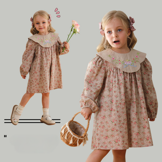 Design Autumn Girls Vintage Floral Long Sleeves Dress with Embroidery Collar