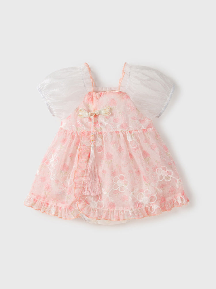 Summer Dress Design Baby Girls Pink Flowers Pattern And Embroidery Short Sleeves Square Neck Sweet Cute Onesies
