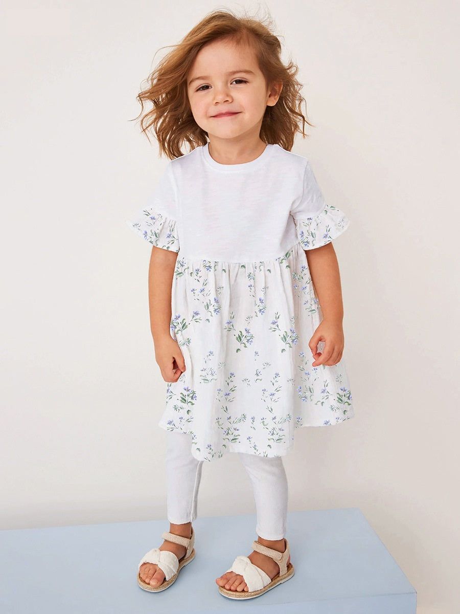 Summer Baby Kids Girls Floral Print Patchwork Dress And White Pants Clothing Set