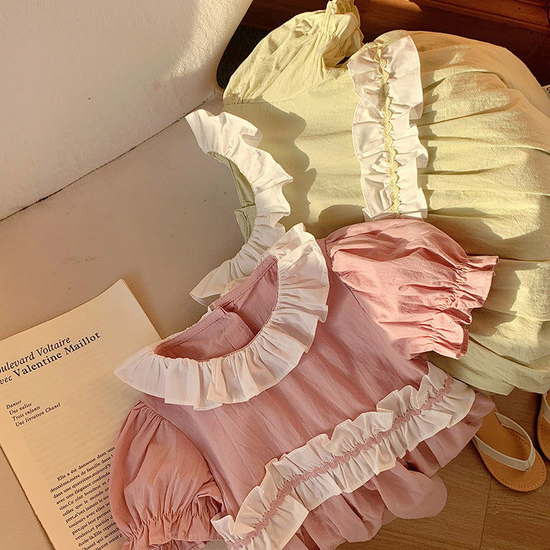 Arrival Summer Kids Girls Short Sleeves Ruffle Collar Princess Dress