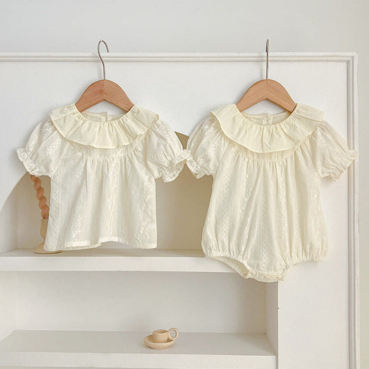 Summer Baby Girls Short Sleeves Floral Pattern Jacquard Dress And Onesie – Princess Sister Matching Set