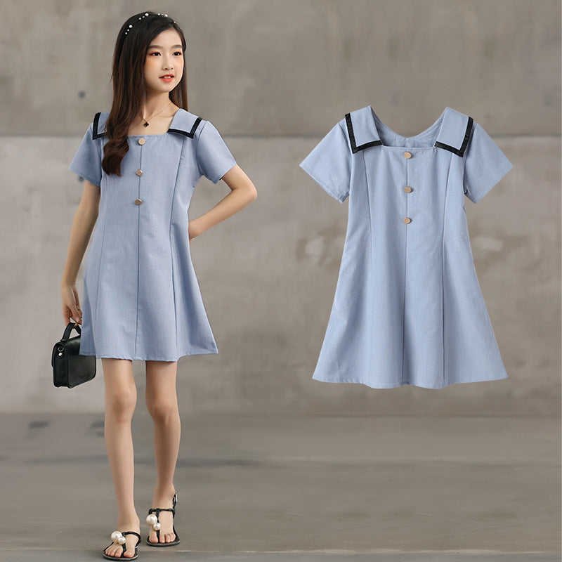 Design Summer Kids Girls French Style Simple Square Neck Turndown Collar Dress