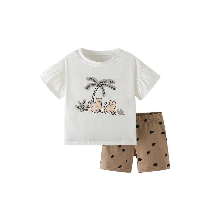 Summer Baby Kids Animals Cartoon Pattern T-shirt and Heart Pattern Shorts Clothing Set for Girls
