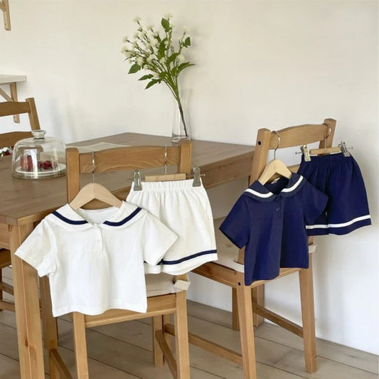 Summer Hot Selling Baby Kids Unisex Short Sleeves Preppy Top and Shorts Clothing Set