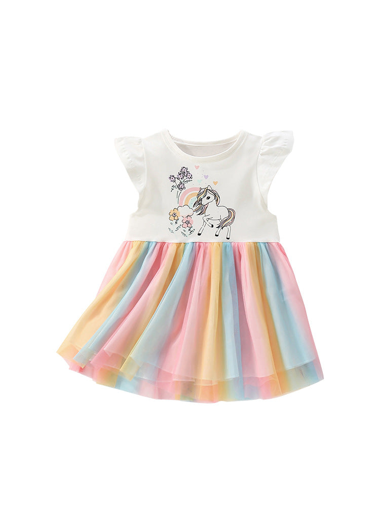 Summer Arrival Animals and Flowers Cartoon Pattern Fly Sleeves Tulle Patchwork Dress for Stylish Girls