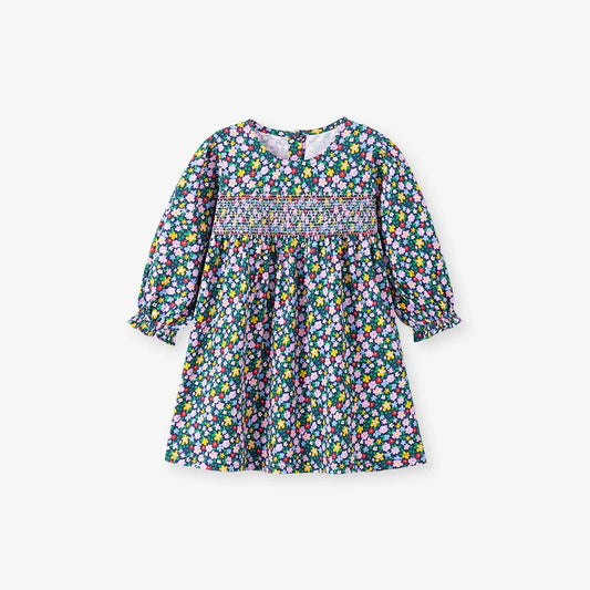 Autumn and Spring Arrival Colorful Flowers Pattern Long Sleeves Crew Neck Dress for Stylish Girls