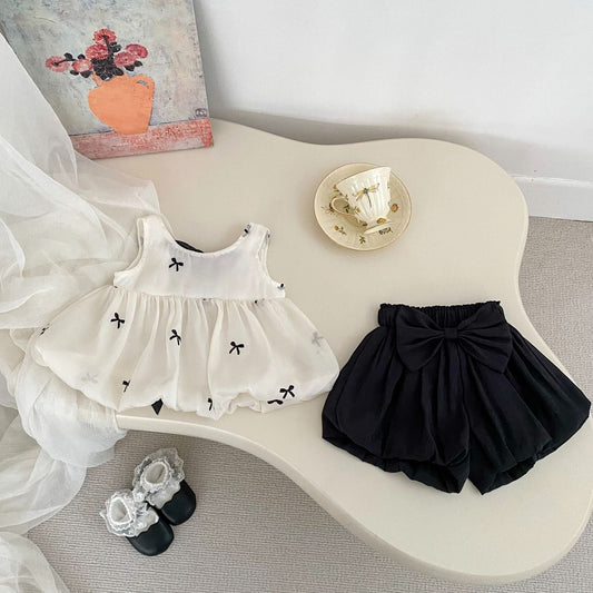 Summer Baby Kids Girls Butterfly-bows Pattern Sleeveless Top and Plain Shorts Clothing Set