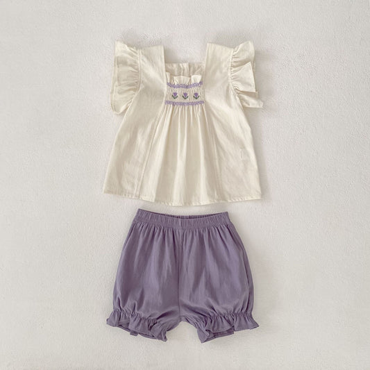 Summer Baby Kids Flowers Pattern Fly Sleeves Top and Plain Shorts Clothing Set for Girls