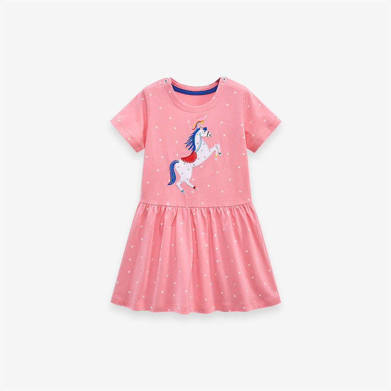 Baby Kids Girls Unicorn Pattern Short Sleeves White Stars Dress