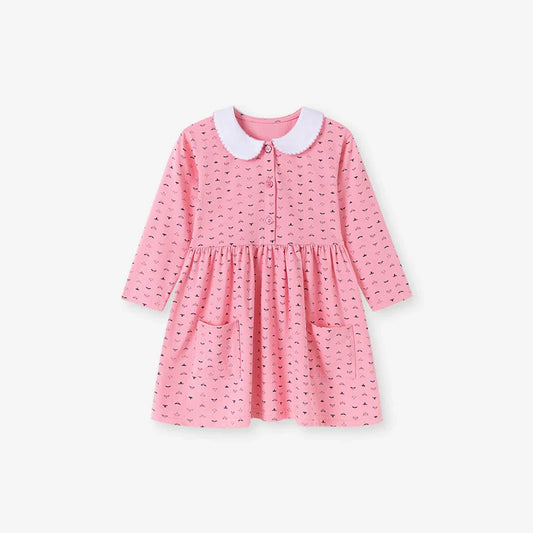Autumn and Spring Arrival Geometric Pattern Long Sleeves Dress with Peter Pan Collar for Stylish Girls
