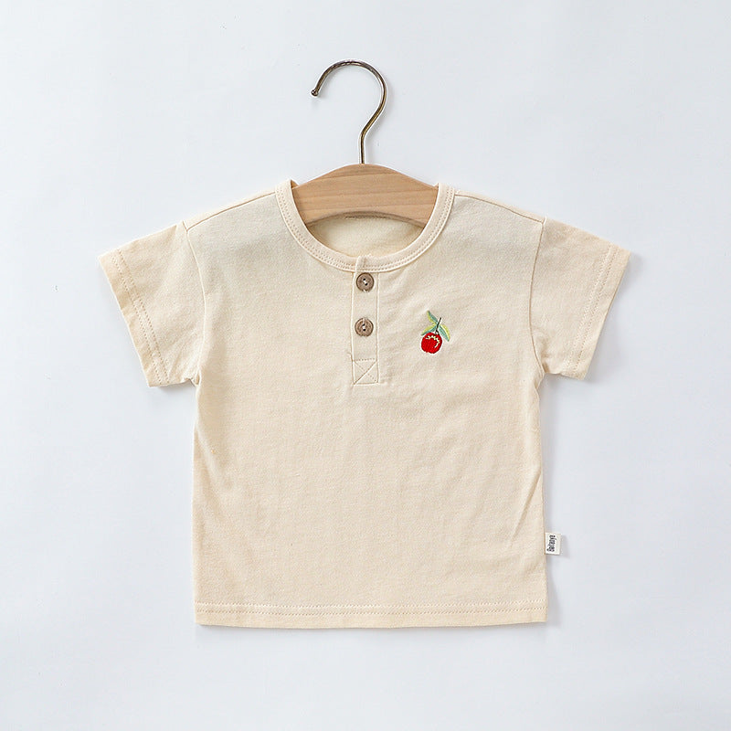 Summer Baby Kids Unisex Fruits Embroidered Pattern Short Sleeves T-shirt and Teddy Pattern Rompers Overalls Clothing Set