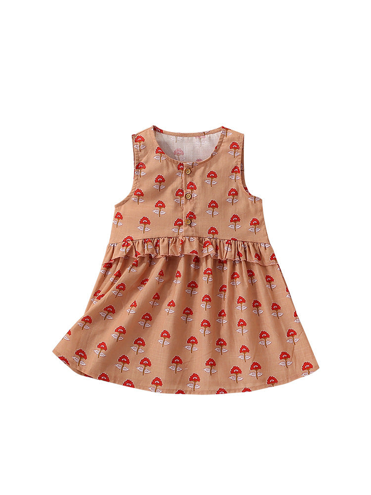 Summer Arrival Flowers Pattern Sleeveless Crew Neck Dress for Stylish Girls