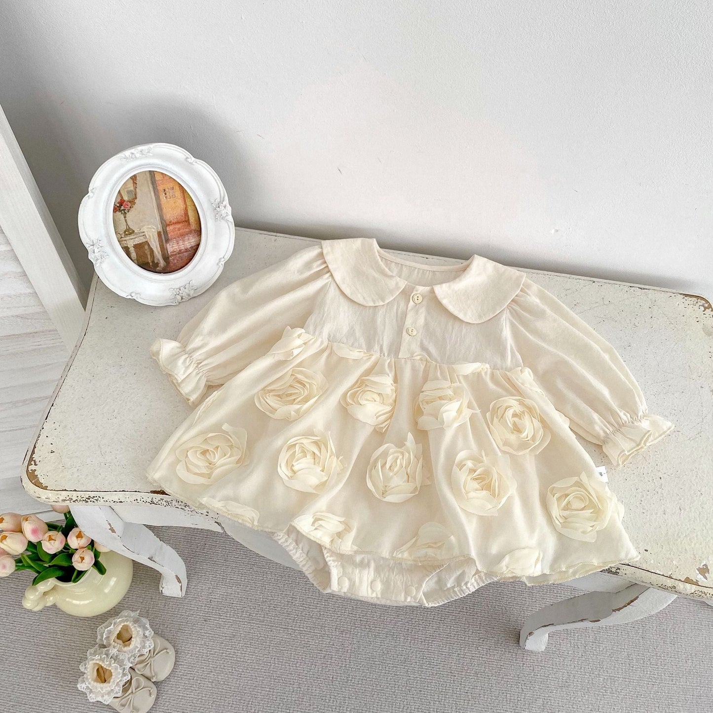 Autumn Arrival Baby Girls Long Sleeves Solid Color 3D Tulle Flowers Attached Bodysuits Dress