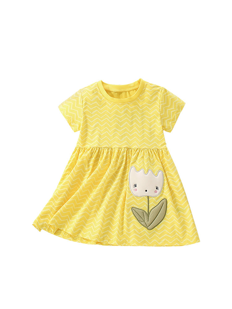 Summer Arrival Cartoon Flowers Pattern Short Sleeves Crew Neck Striped Dress for Stylish Girls