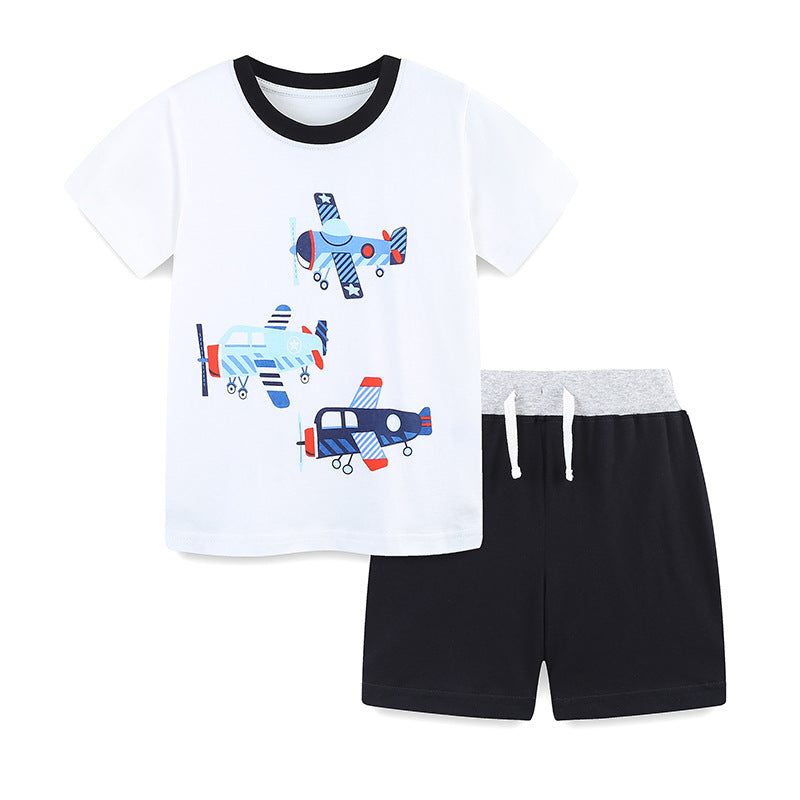 Summer Baby Kids Cartoon Airplanes Pattern T-shirt and Shorts Clothing Set for Boys