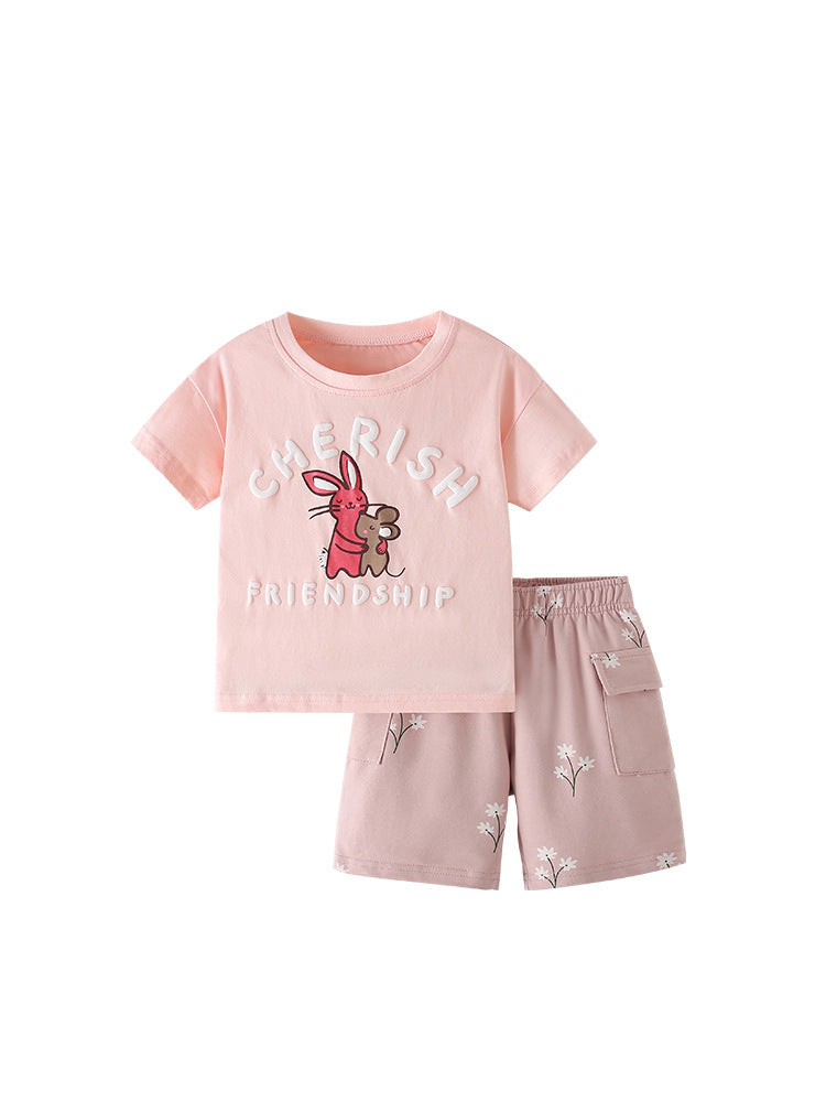 Summer Baby Kids Cartoon and Letters Pattern T-shirt and Floral Shorts Clothing Set for Girls