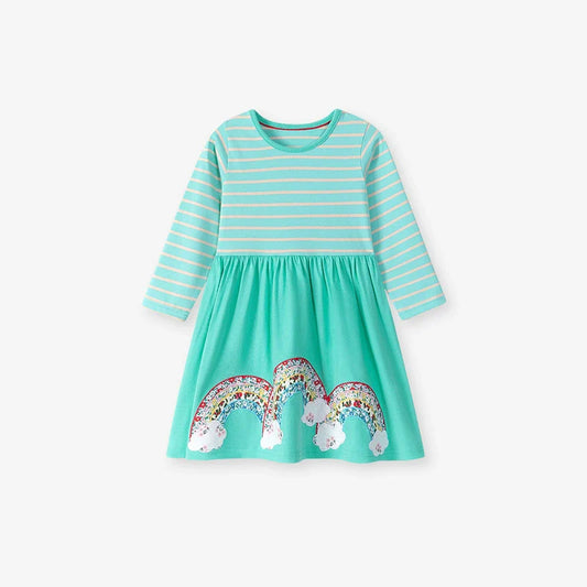 Autumn and Spring Arrival Rainbow and Striped Pattern Long Sleeves Dress for Stylish Girls
