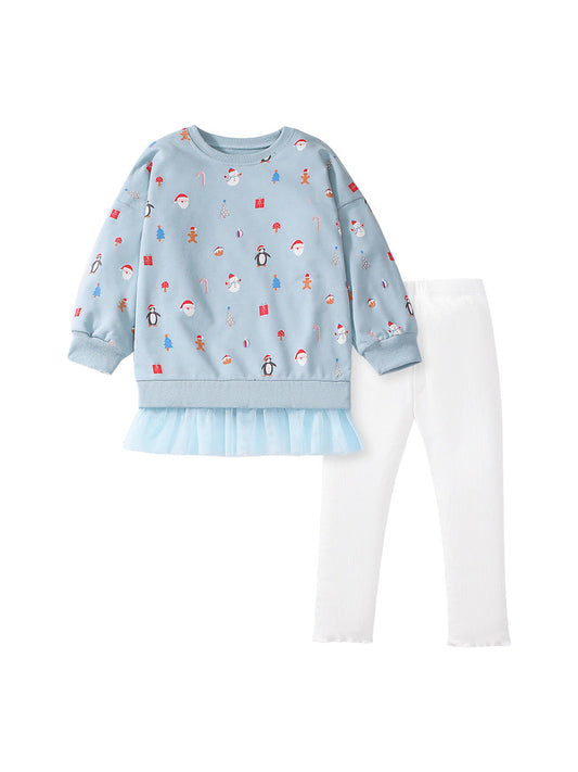 Spring And Autumn Girls Cartoon Christmas Pattern Long Sleeves Crew Neck Top Patchwork Dress And Pants Clothing Set