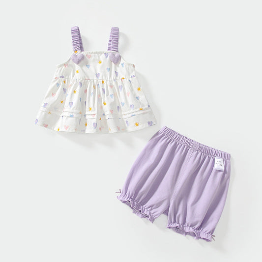 Summer Baby Kids Hearts Pattern Sleeveless Top Vest and Shorts Clothing Set for Girls