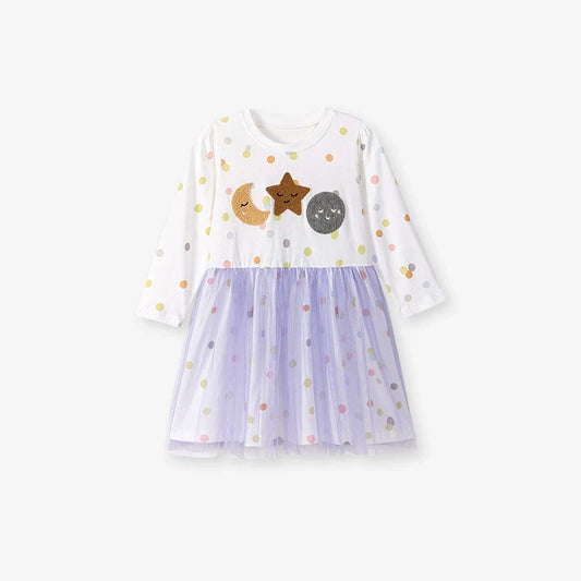 Autumn and Spring Arrival Cartoon and Polka Dots Pattern Tulle Patchwork Long Sleeves Dress for Stylish Girls