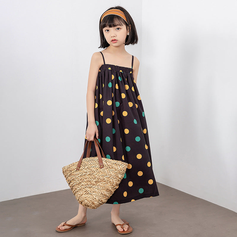Girls Colorful Polka Dot Pattern Sling Quality Long Dress